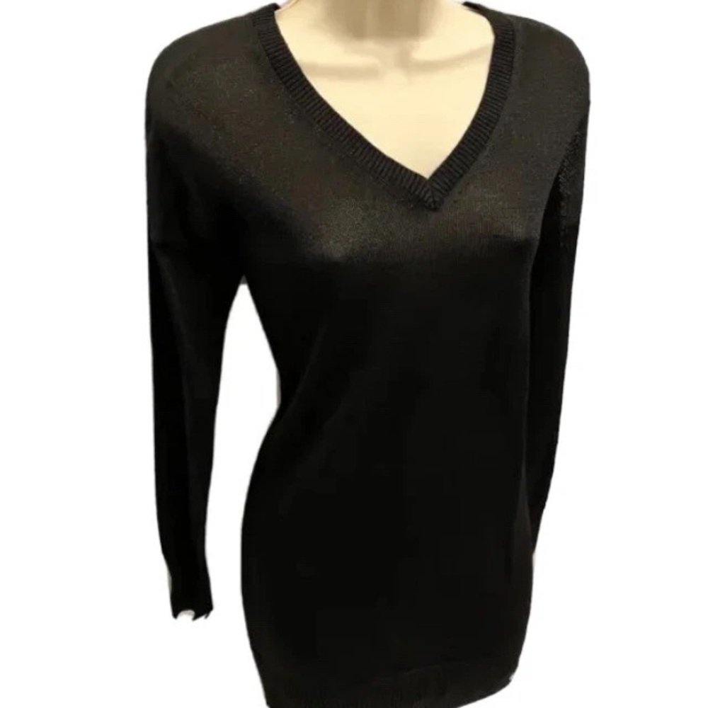 Matty M Black Knit Lurex Rayon Metallic Sparkly V-Neck Sweater Long Sleeve Small